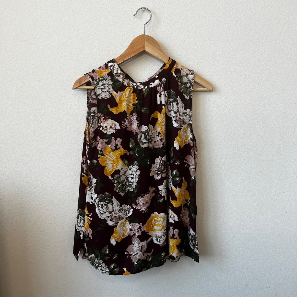 Loft’s (M size) Maroon Blouse with White, Olive Green, and Yellow flowers